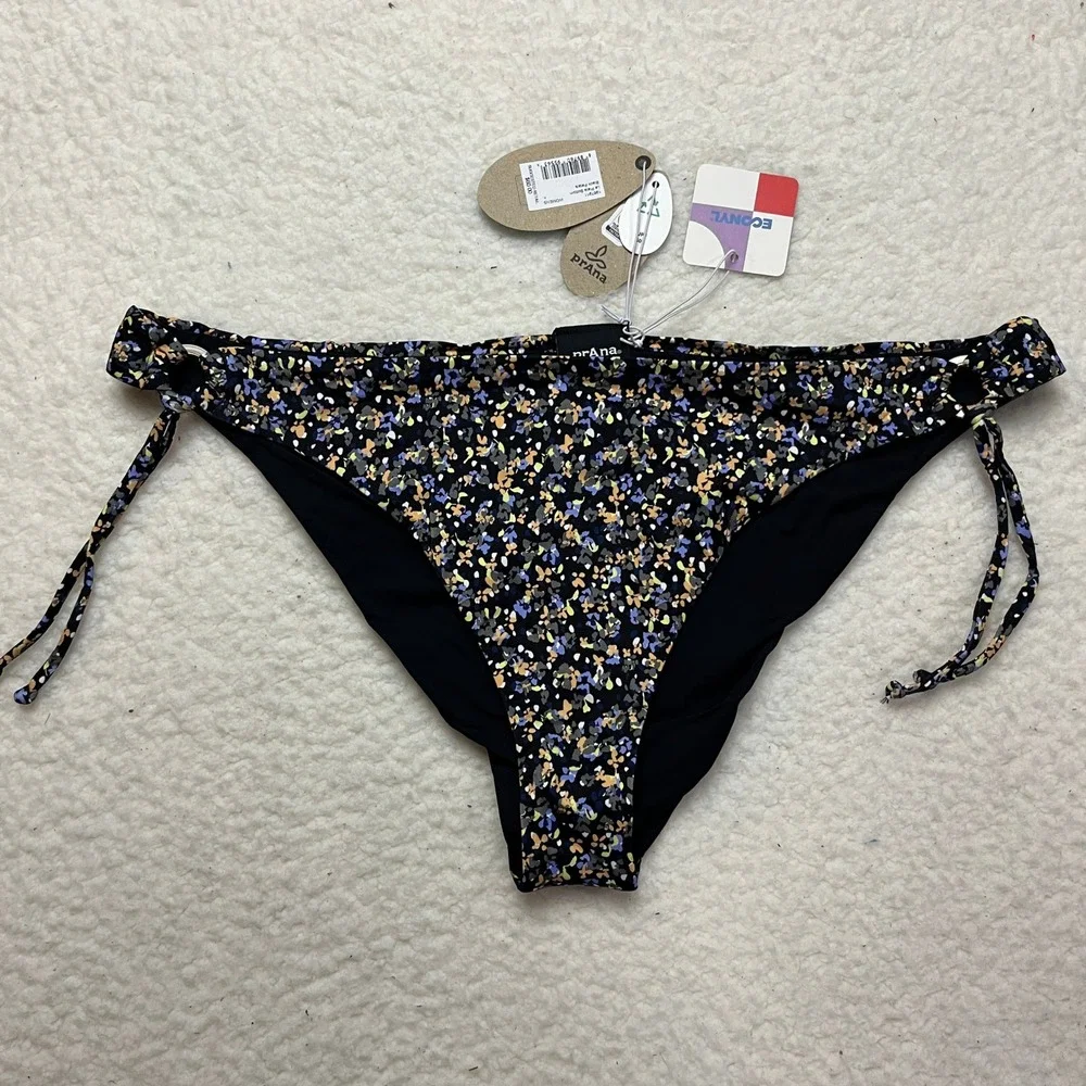 Prana Bikini Bottom Womens XL Black‎ La Plata Bottom Black Petals Floral 1967911